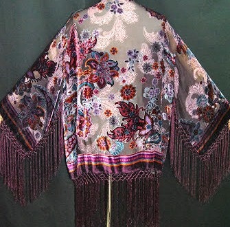 Vintage  multicolor boho flapper deco silk burnout  velvet fringed kimono