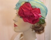Unusual turquoise shabby chic pillbox hat for summer