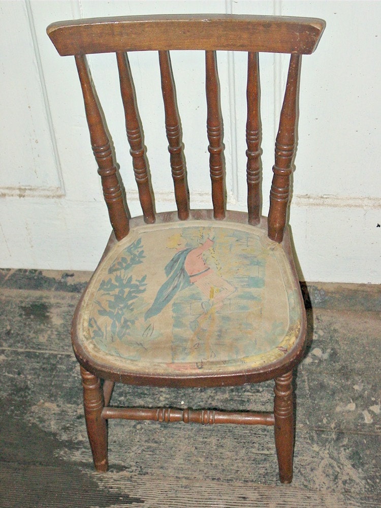 Antique Child's Wood Chair with Fairytale Cushioned Seat 18" tall