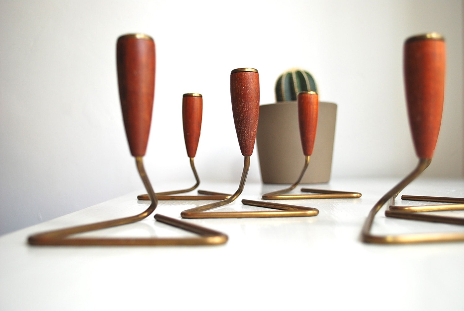 Mid-Century Modern Brass and Teak Candleholder Set by Kesa Denmark