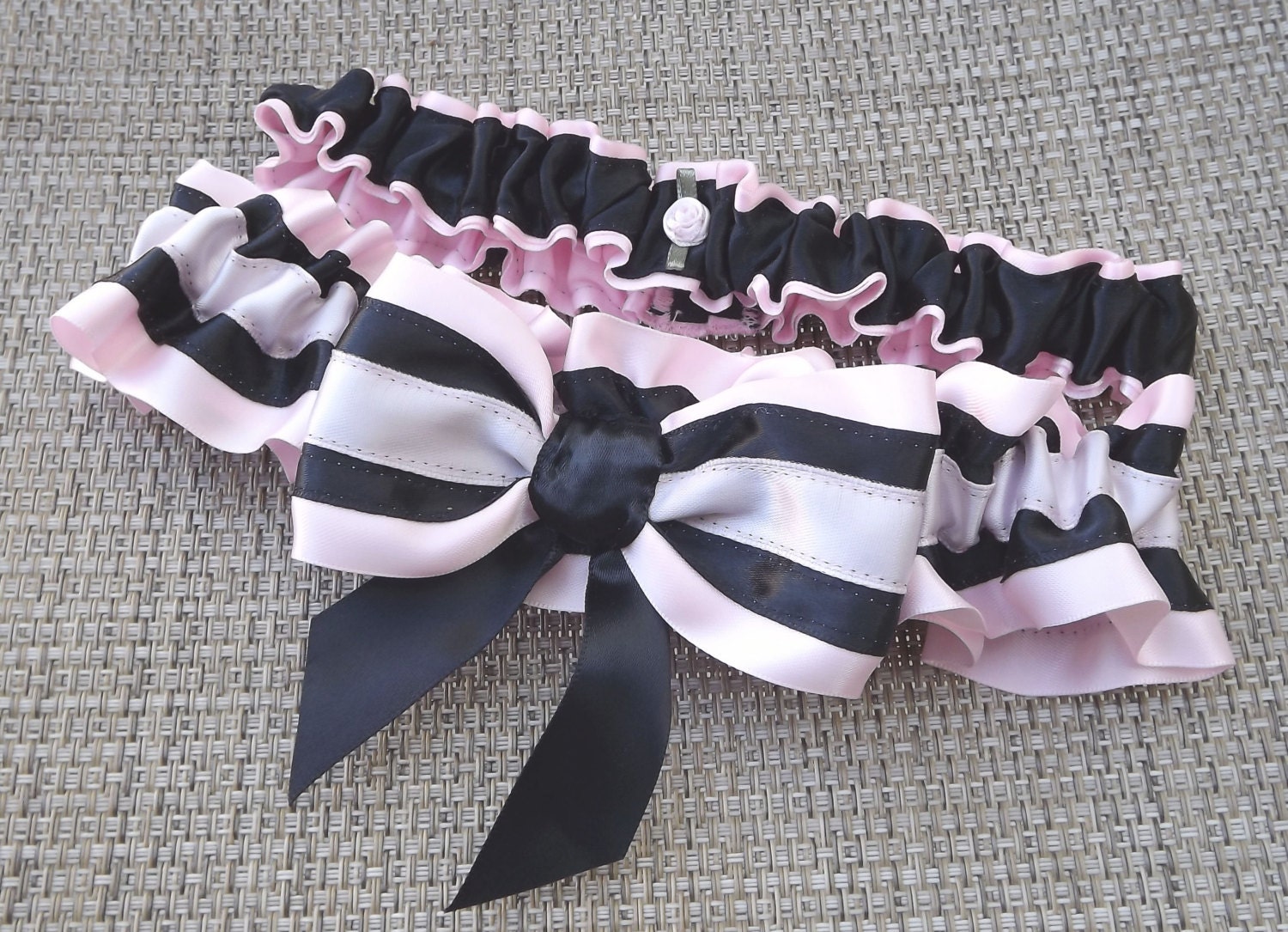 Naughty Lady Pink and Black Wedding Garter Set,   Art Deco Style Bridal Garter Set