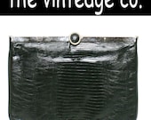 vintage // 70s 80s black lizard skin leather disco clutch purse bag