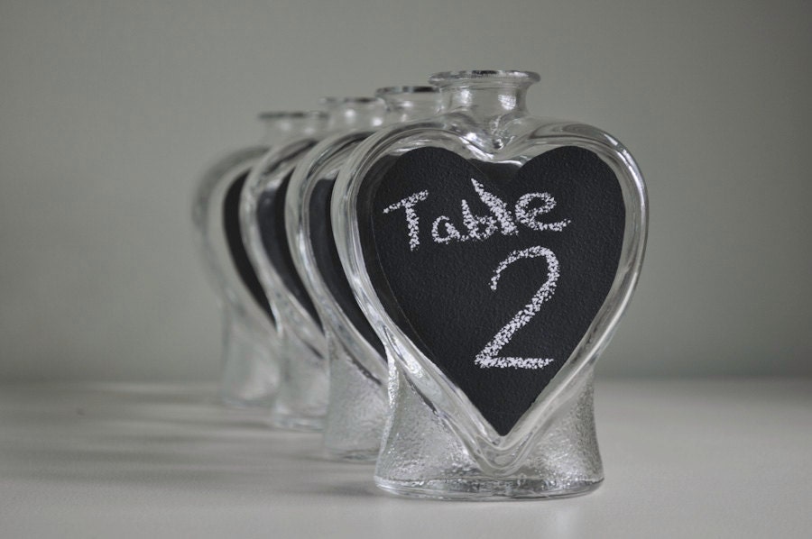 Set of 12-Glass Heart Chalkboard Table Markers or Place Cards for Wedding or Dinner Party