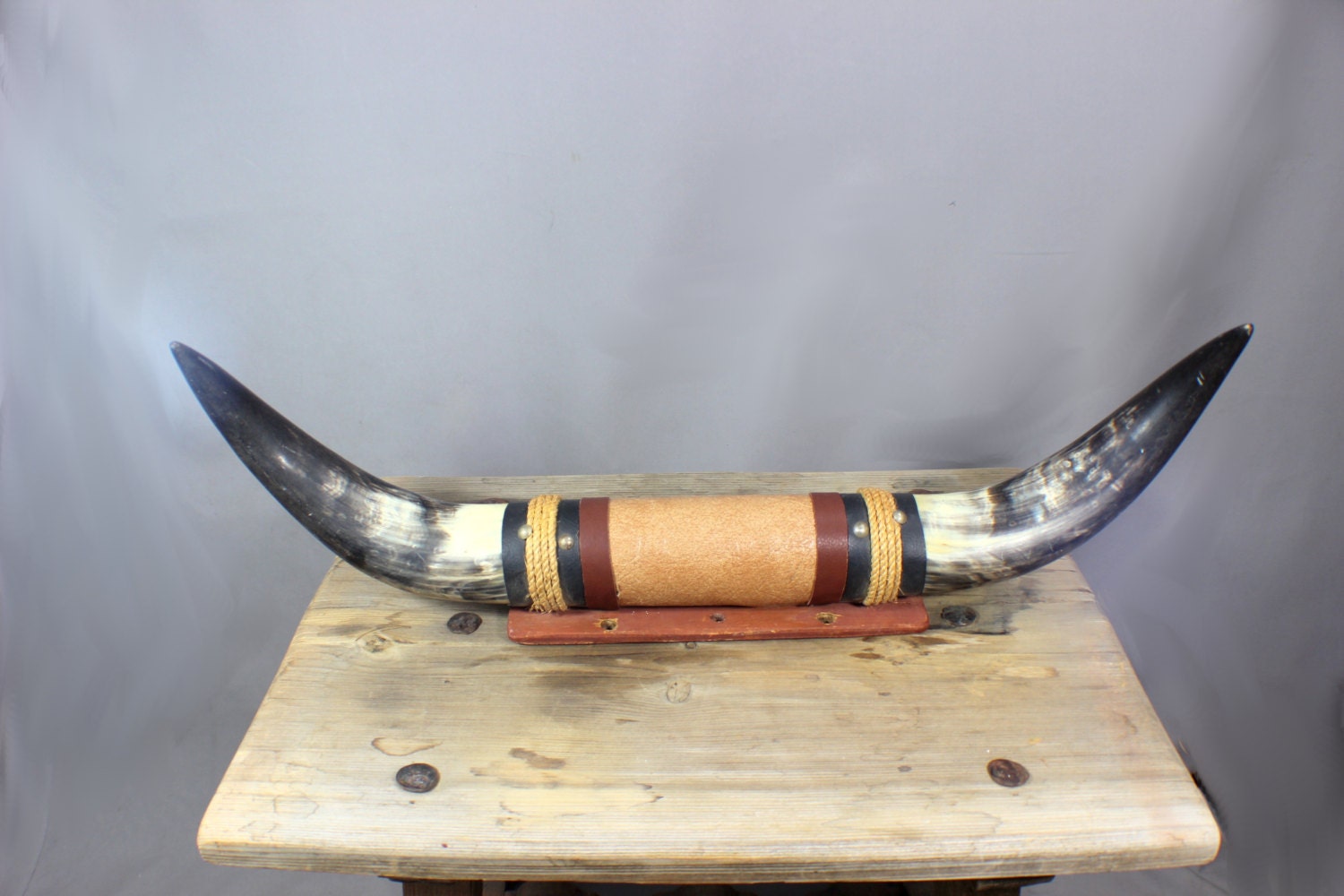 vintage steer bull horns leather and rope southwest home decor