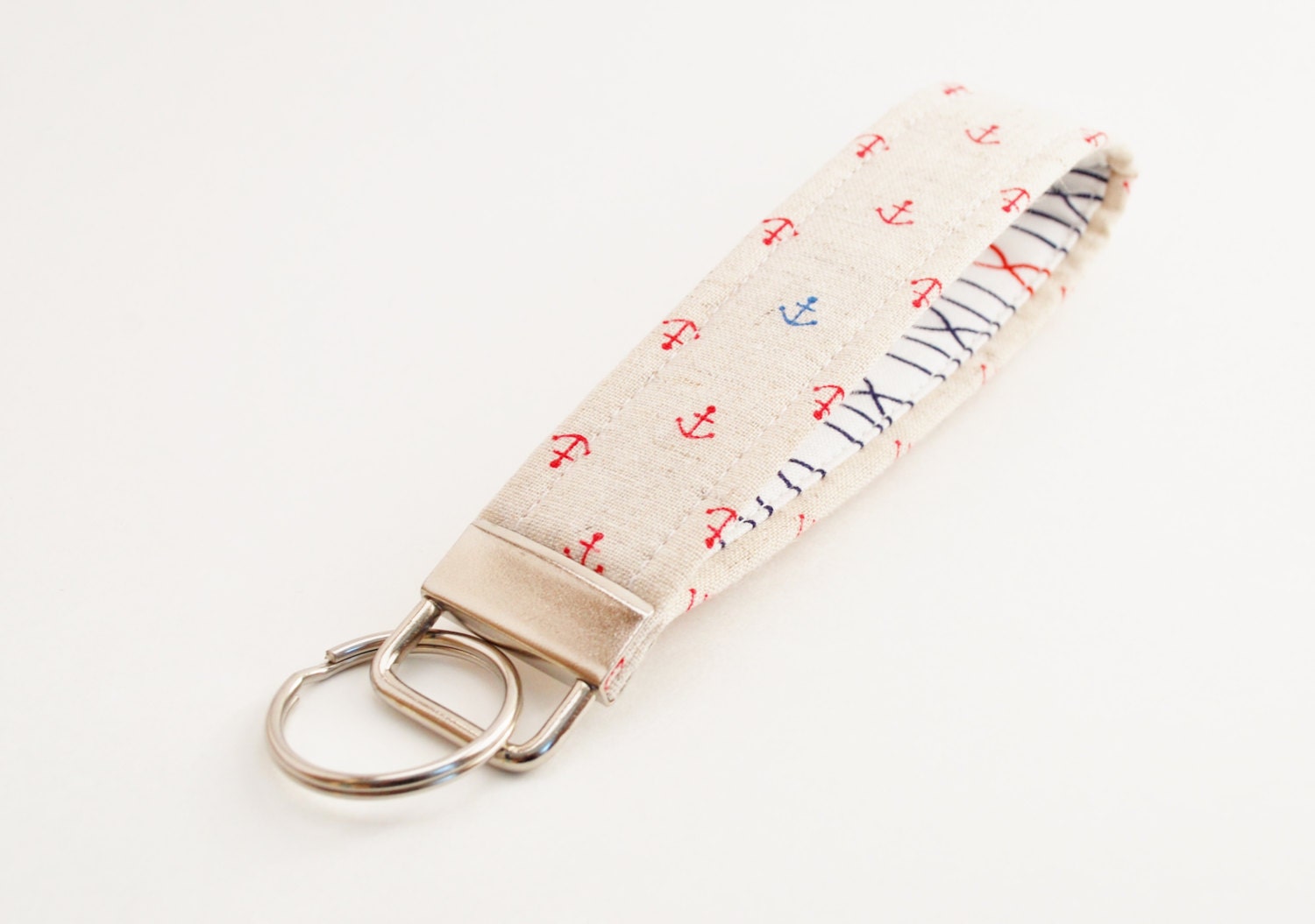Nautical Keychain , Linen Keychain, Fabric Key Fob  -  Anchors , Navy and Red