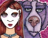 Original ACEO Dog and Mime Girl Colorful OOAK Illustration
