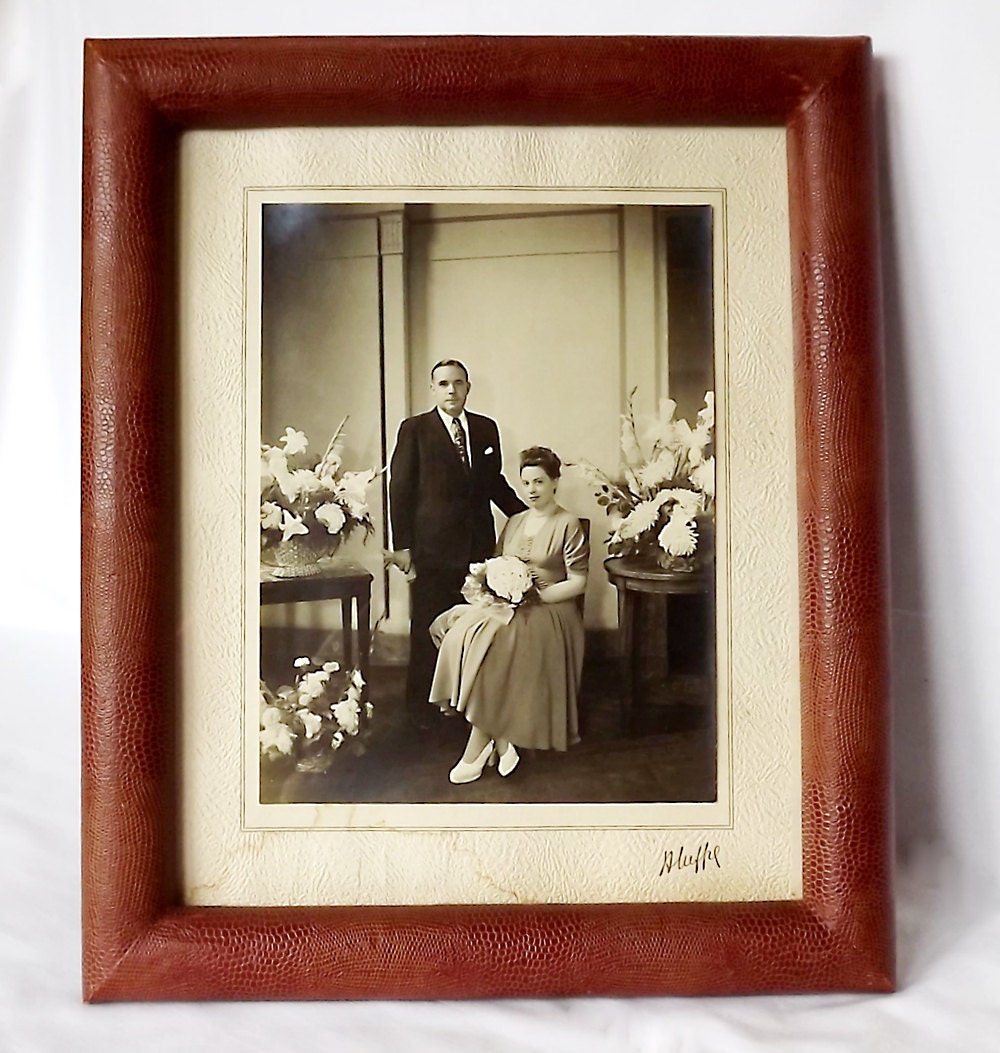 Faux snakeskin photo frame, 1930s, from France with wedding photo