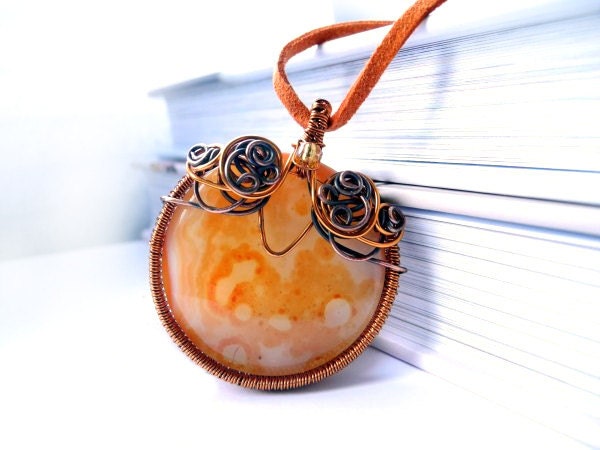 Round Copper Necklace - Wire Wrapped Sunny Necklace - Orange Lace Agate - Pumpkin Romantic Spring Necklace - Unique Wedding Jewelry
