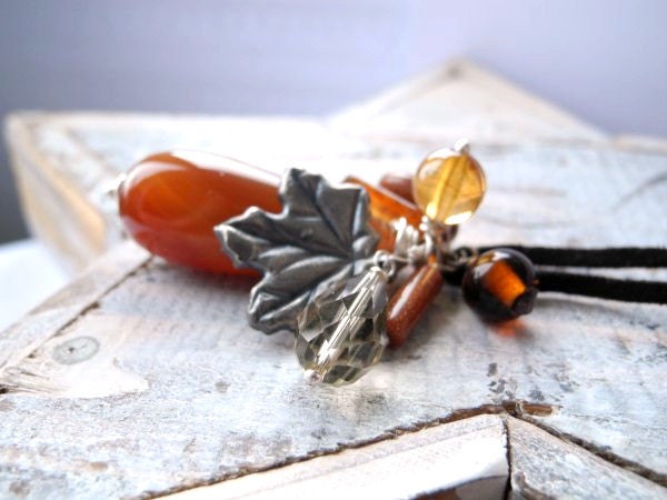 Maple Leaf Necklace - Handmade Silver Leaf - Agate Amber Quartz Citrine Sand - Sunny Canadian Necklace - Warm Honey Brown