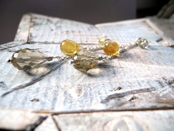 Lemon Silver Earrings - Citrine and Quartz Earrings - Long Sunny Yellow Earrings - Honey Amber Gold - Romantic Dangle Studs