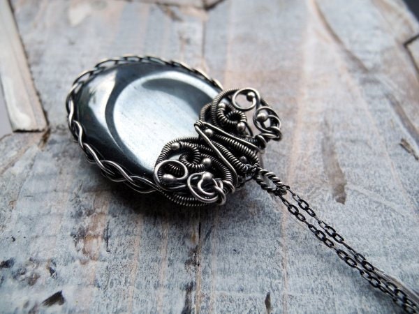 Hematite Silver Necklace - Statement Necklace - Braided Oval Necklace - Victorian Gothic - Dark Titanium Gray - Romantic Unique