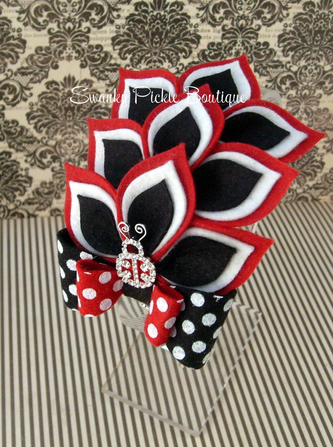 Red, Black & White Dahlia Felt Filigree Headband - Lady Bug Theme - Toddler - Girl - Teen - Adult - Photo Prop
