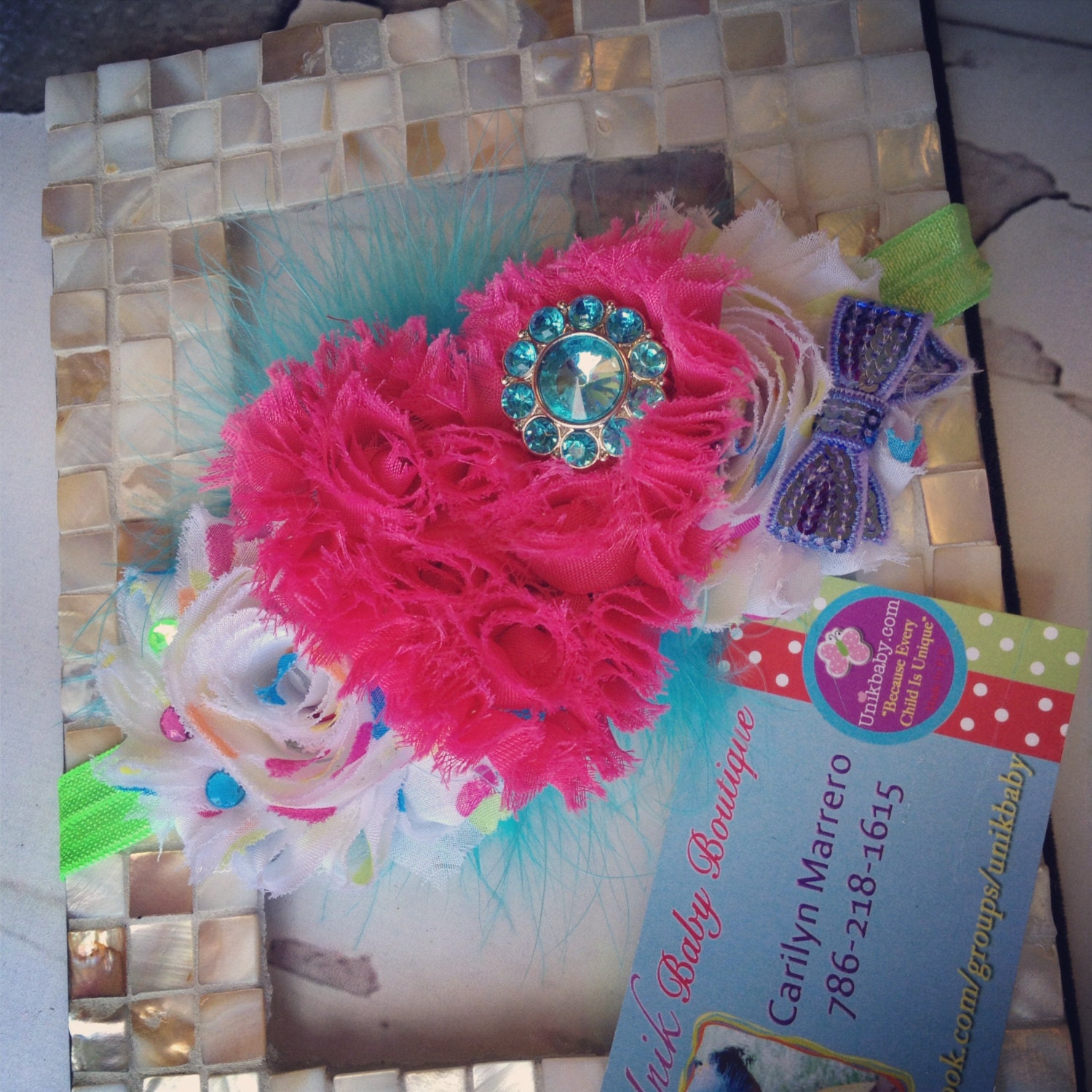Over The Top Multicolor Polka Dot Rosette Hot Pink Heart Turquoise Marabou Sequin Bow Headband Ready To SHIP