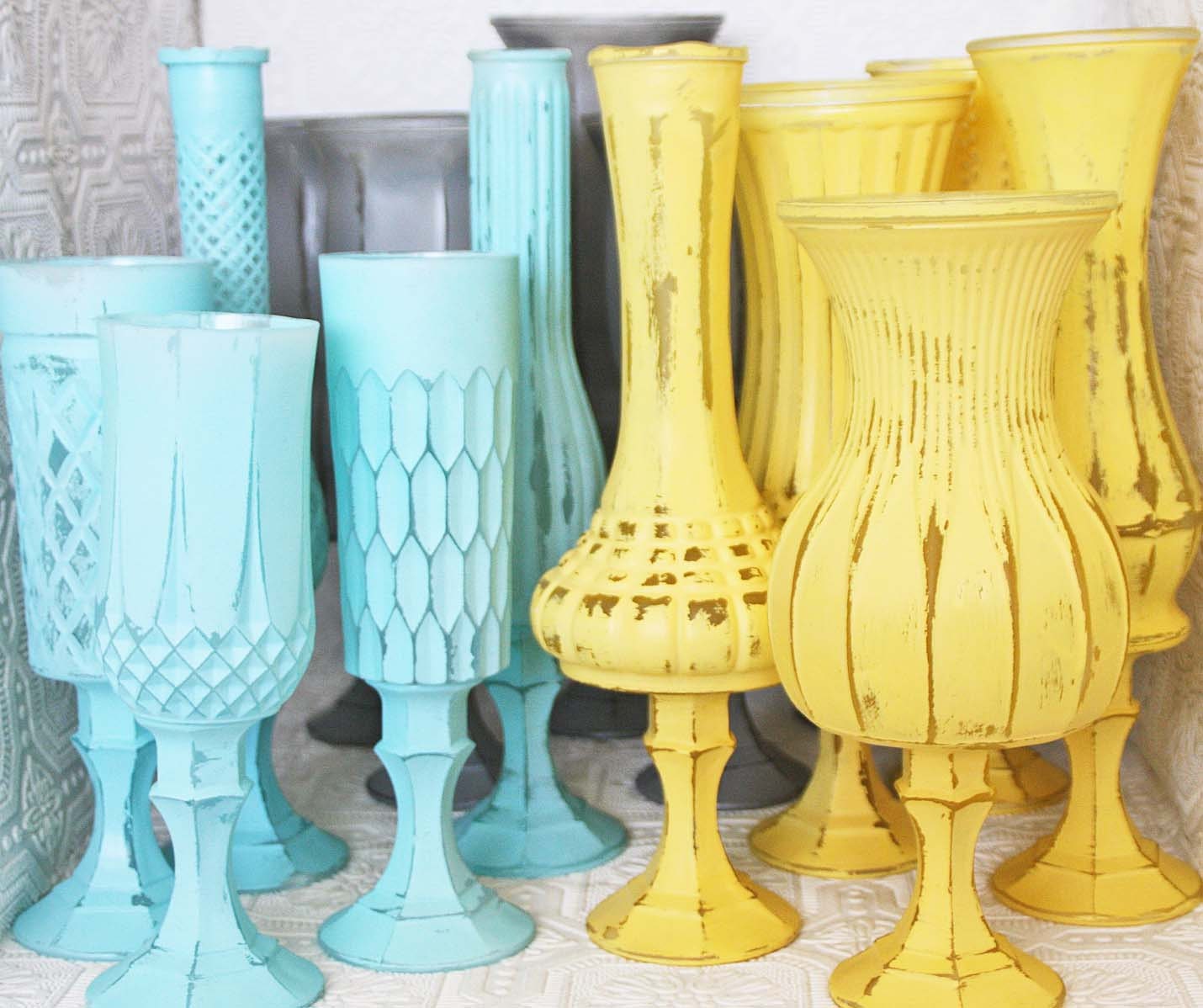 Tiffany Blue Yellow & Grey Shabby Chic Vintage Pedestal Vase Set Made To Order