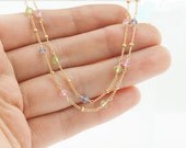 Lollipop Gold Necklace, Pink Tourmaline, Tanzanite, Peridot, Yellow Sapphire, Dainty two chains, thin and feminine Jewelry- Fifi LaBonge-
