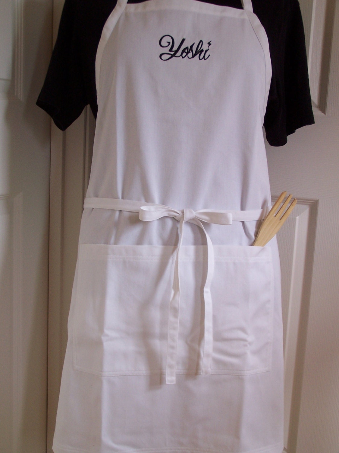 White Denim Chef's Apron, Unisex apron, custom monogram full apron, made to order full coverage apron