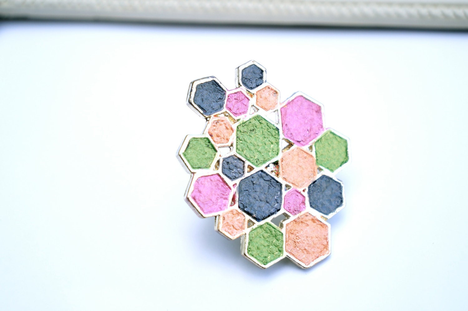 Leather Ring Hand Painted Honeycomb in Green Orange Pink Grey