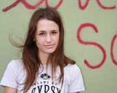 LARGE Women's "Blame my Gypsy Soul" Bohemian Western American Apparel Sliver Shirt Cool Grey