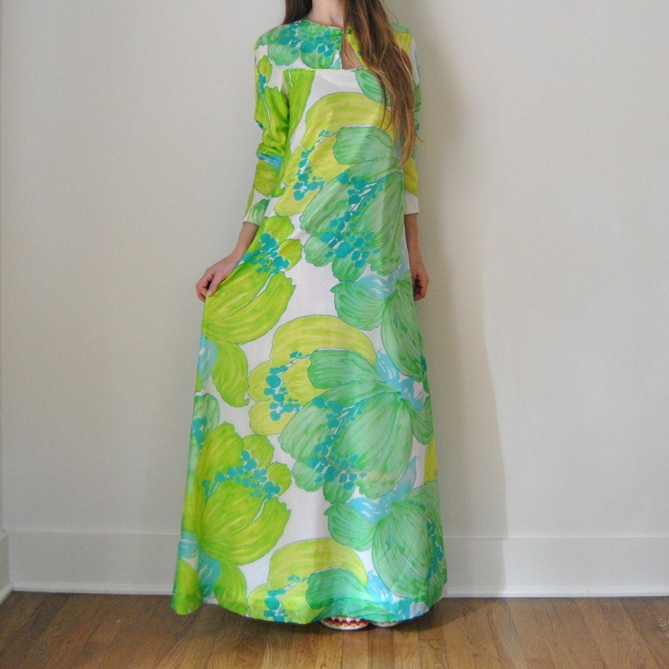Long Sleeve Maxi Dress  //  Vintage 60s 70s Floral Long Gown  //  Watercolor Party Dress