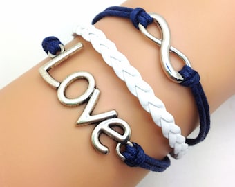 Vintage Style Love  & Infinity Bracelet  Navy Blue  Rope  and White leather Fashion Personalized Adjustable Bracelet 2120S