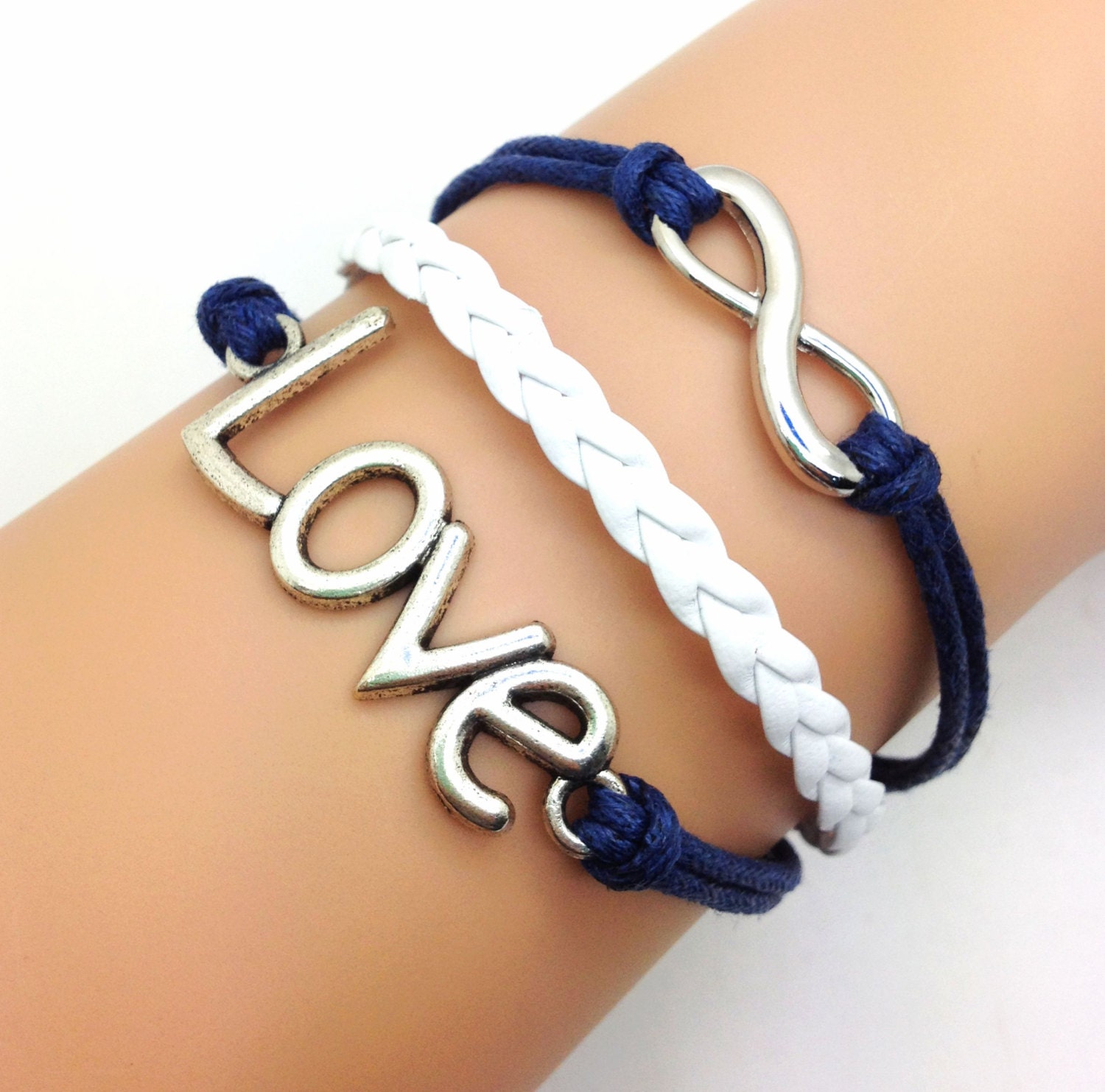 Vintage Style Love  & Infinity Bracelet  Navy Blue  Rope  and White leather Fashion Personalized Adjustable Bracelet 2120S