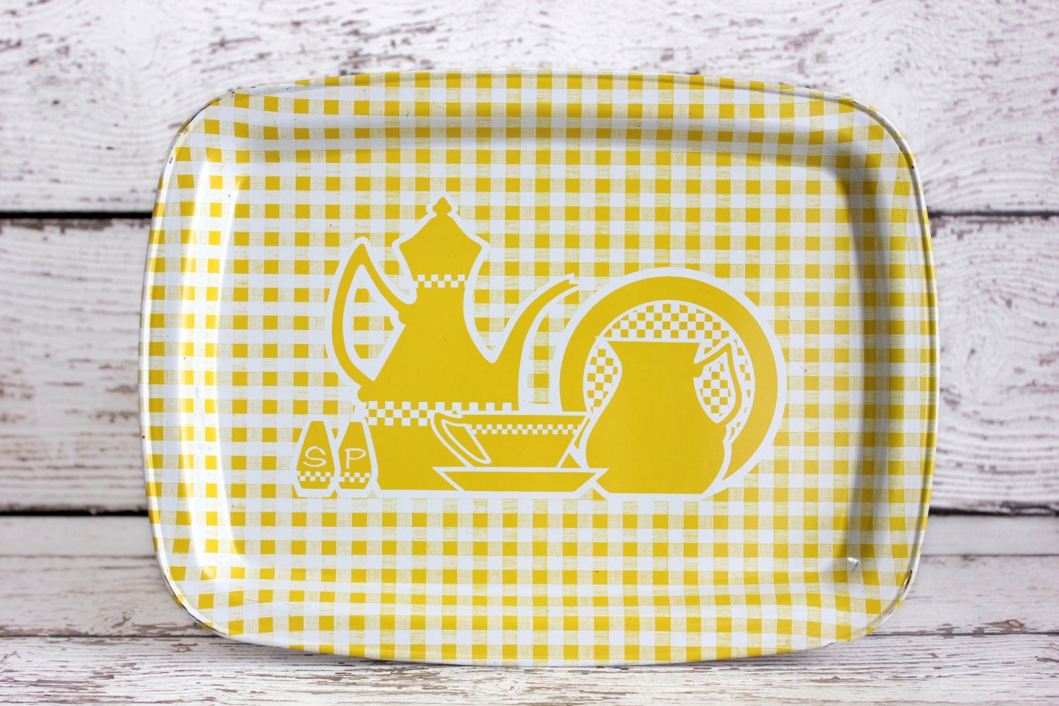 Vintage Metal Tray Yellow White Kitchen Scene Lap TV Vanity Serving