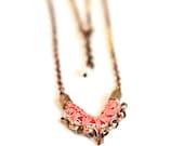 Chevron Necklace, Fabric Necklace, Crochet Bib,Red Jersey Rose Mauve Coral Yarn, Brass Copper Chain, 48cm