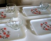 Antique Dishes COTTAGE TEA & TOAST Cute Vintage Chic Milk Glass Serving Plates and Cups Botanical Coral Pink Floral Print Mid Century