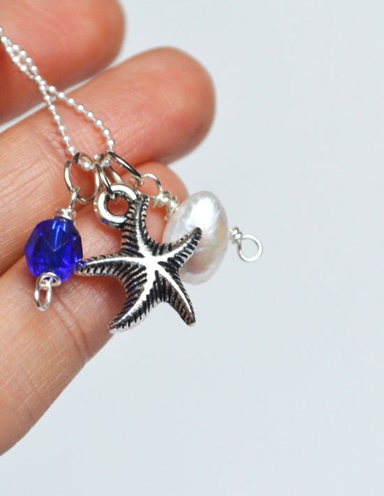 Starfish Ocean Necklace, Pearl Starfish Blue Czech Glass Necklace, Cluster Charm Necklace, Oceana Atlantis Necklace