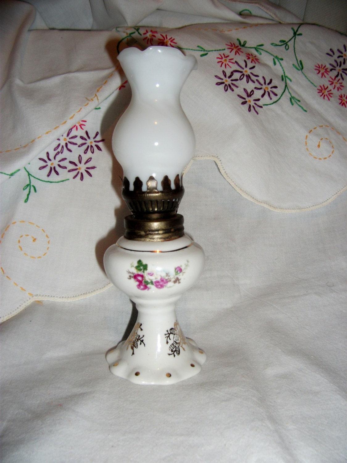 Vintage Porcelain Oil Lamp Roses and Gilt Trim Milk Glass Globe Only 9 USD