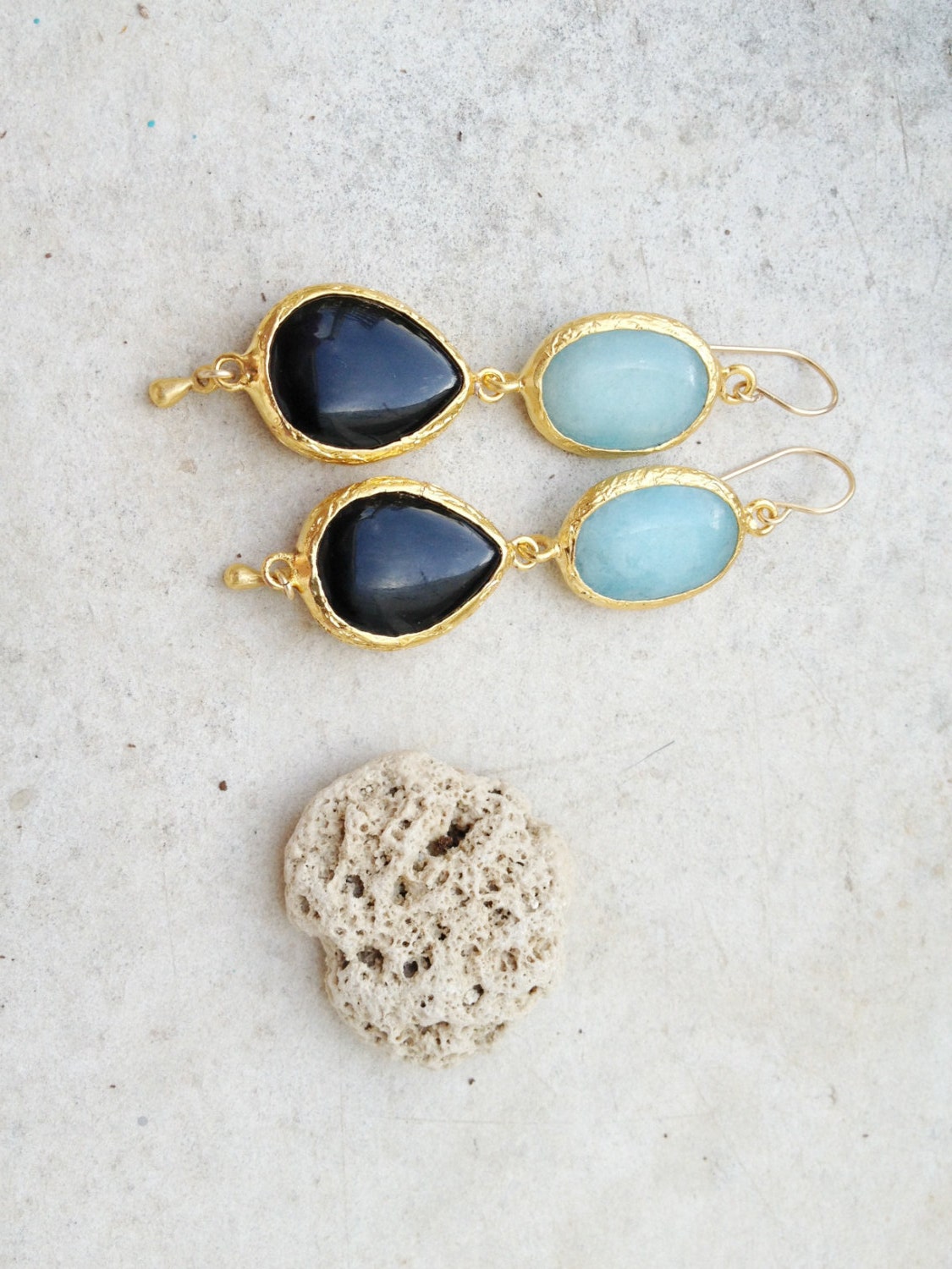 Dangle Earrings spring jewelry fresh bright pastel blue jade black drop onyx stones  gold  long earrings gemstone earrings israel