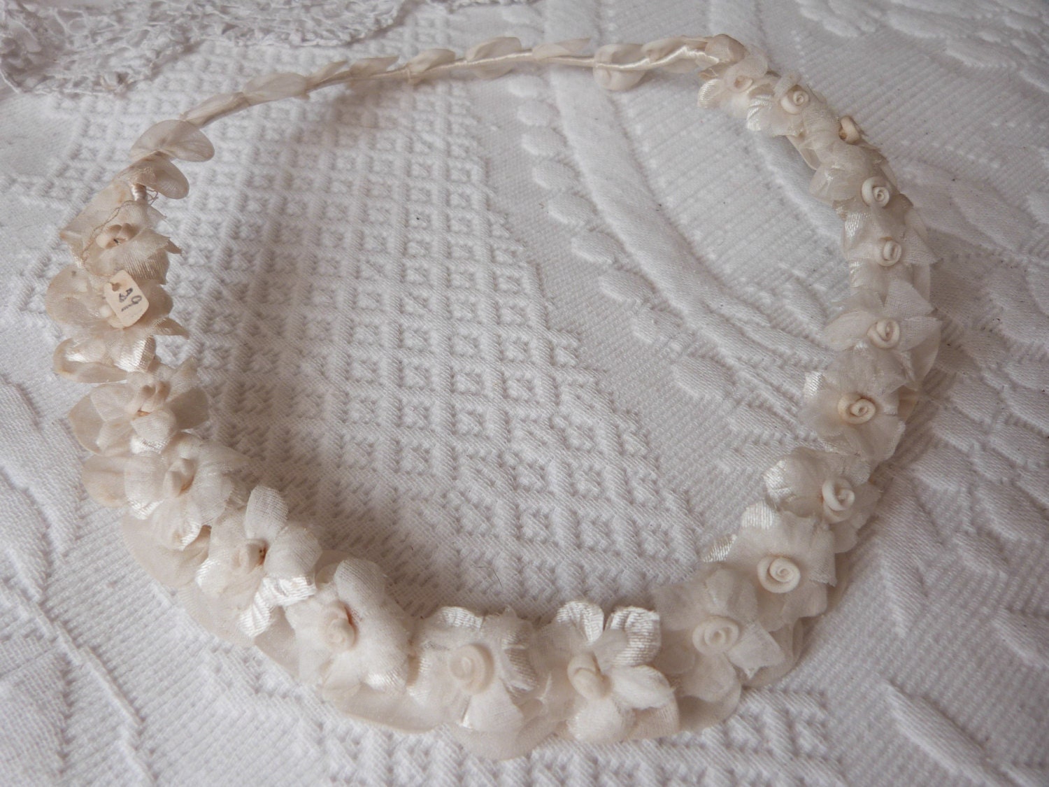 Antique French bridal flower tiara headband hairpiece wreath Victorian wedding bride, unused 1900 bridal hair accessory romantic tulle crown