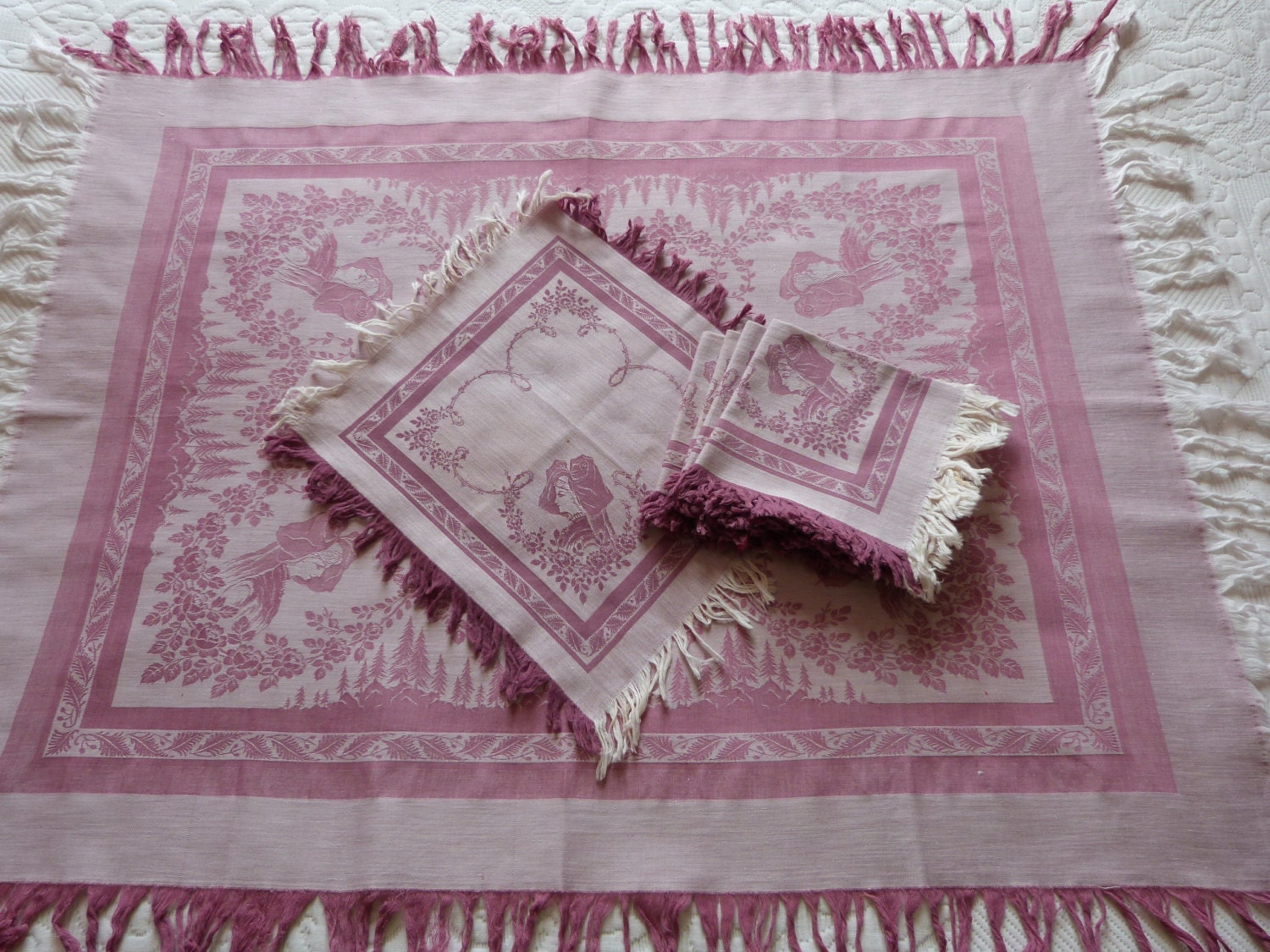 Antique French tea napkins w table cloth damask linen w Alsace region costumed girls, wreaths roses, fringes, vintage French table linens