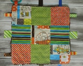 Baby Ribbon Blanket Tag Lovey "RIBbee" Boutique Patchwork Sensory Taggie Toy - Soft Minky Fleece Backing  - Ready 2 Ship - vroom
