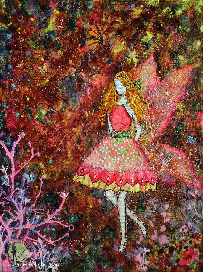 Whimsical Unique mixed media Fairy Folk art print Janelle Nichol