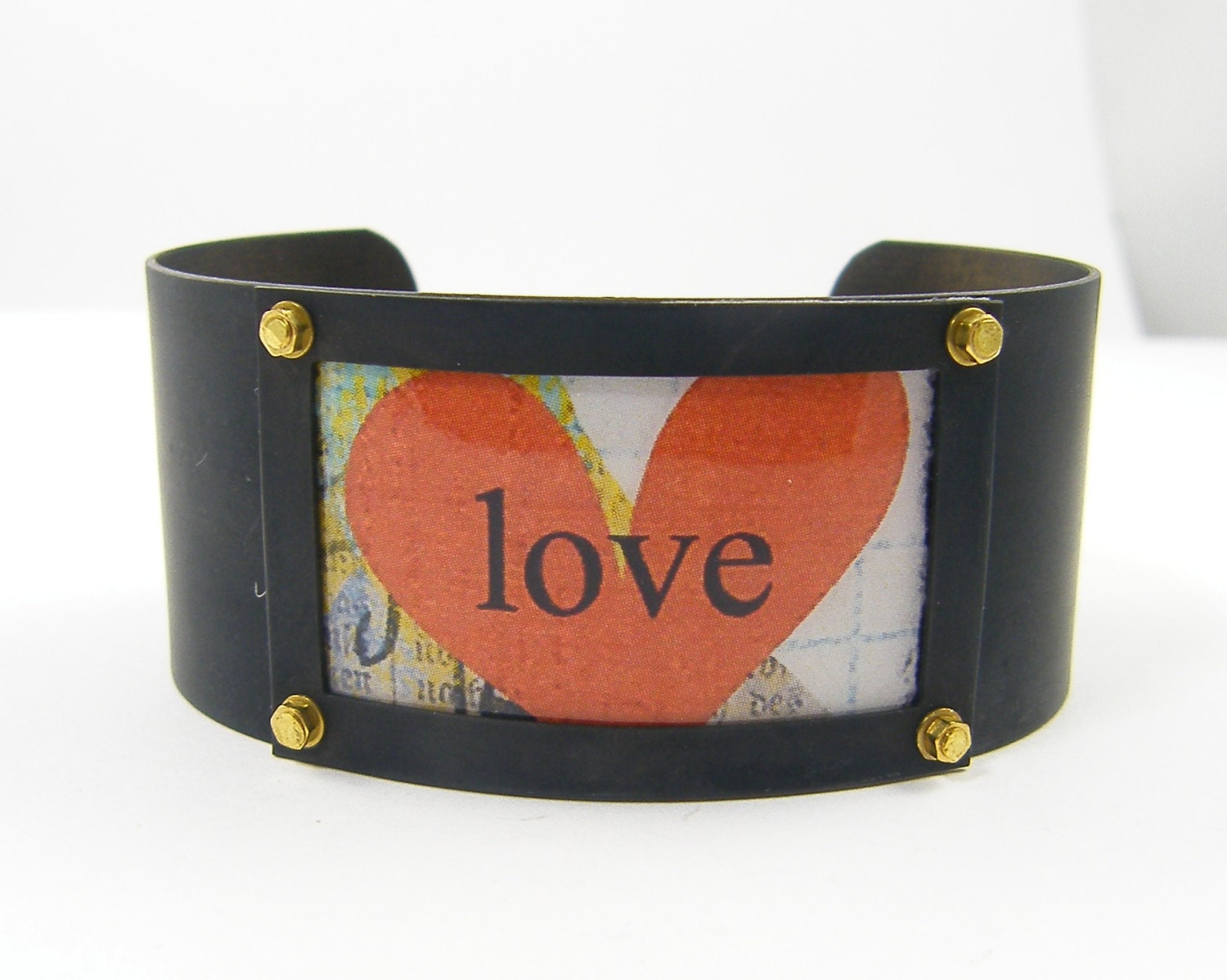 Heart Bracelet, Love Bracelet, Picture Bracelet,  Wide Cuff Bracelet, Bold Statement Jewelry Cuff
