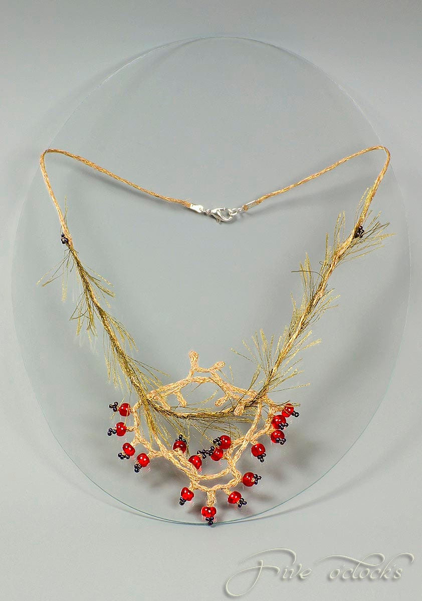 Botanical fine art linen necklace. Wearable beaded fiber art garden jewelry in rustic style.