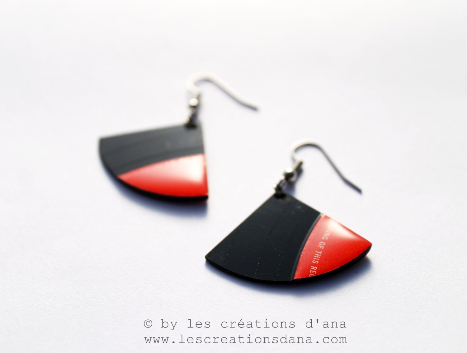 one of a kind record earrings, black and red earrings, recycled jewelry, contemporary artisan jewelry, resin earrings, fan dangle earrings - LesCreationsdAna