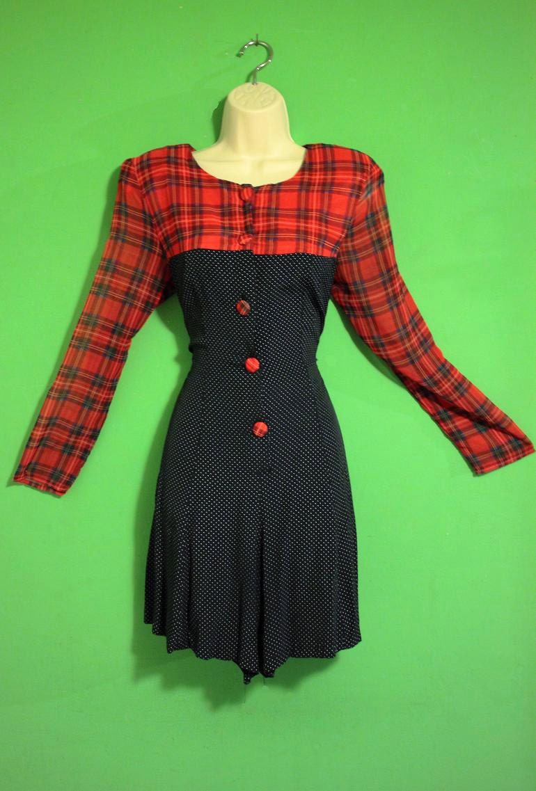Vintage 90s Grunge Polka Dot Mini Dress Size 9 Casual Medium Hipster Indie Women Polyester Plaid Clothing Fashion.