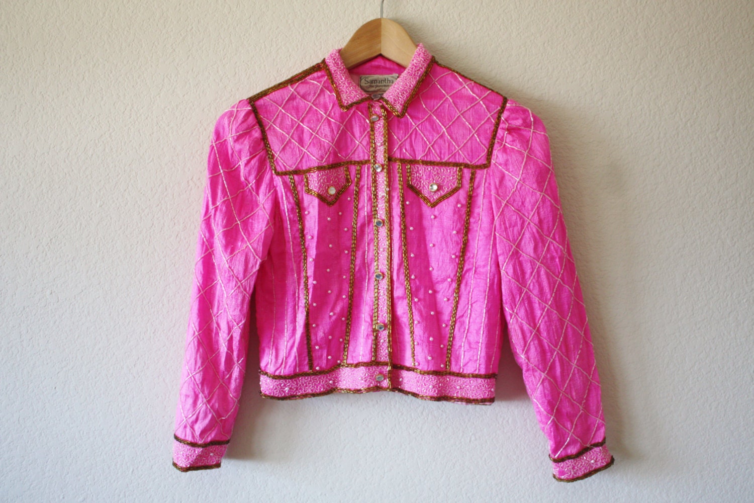 Vintage 1990s Hot Pink Barbie Beaded Jacket With Gold Beads Pockets Children Girls Crop