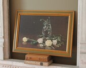 Vintage Print Roses Framed Art White Floral Flowers Vase Wood Wooden Gold Gilded Large Black Green Wall Home Decor Hanging Painting