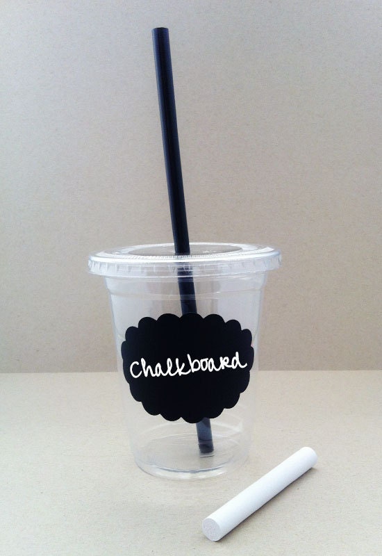 12 Chalkboard Disposable Party Cups, Lids, Plastic Straws and Chalk - 12 oz or 16 oz - Wedding, Birthday, Baby Shower, Party Il_570xn