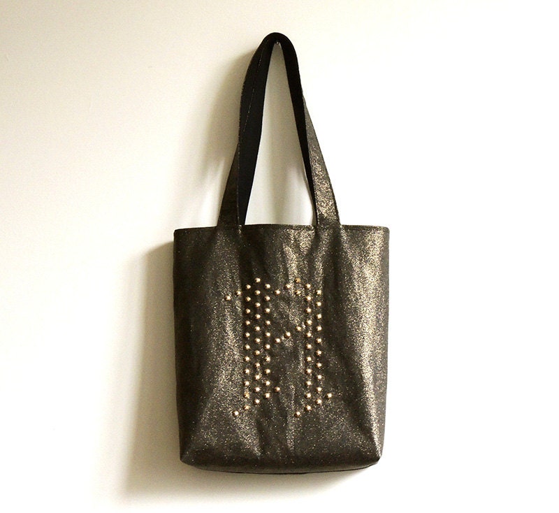 Gold Stud Monogram on Gold Dust Black Denim Tote Bag