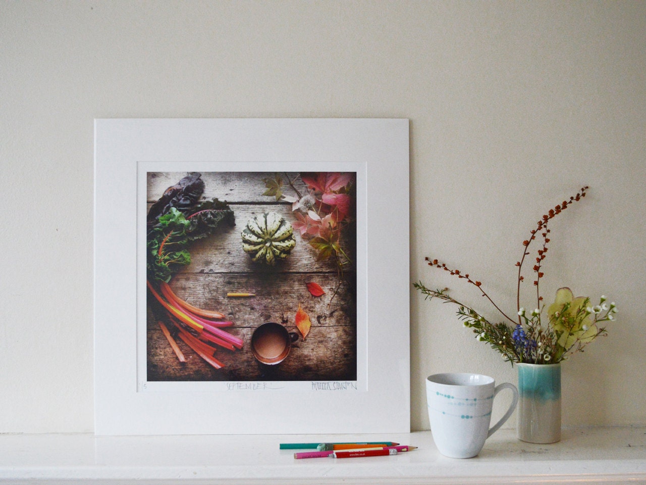Still Life, Limited Edition Signed Print of The Table featuring Rainbow Chard, a Local Squash and a Vintage Lakeland Crayon. 30cm x 30cm