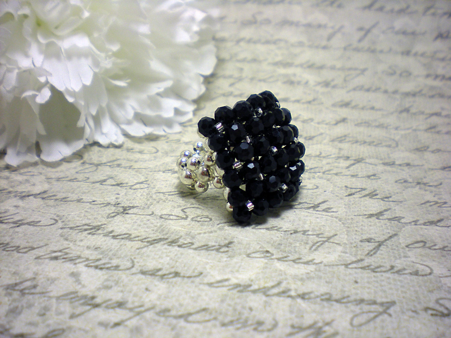 The Elizabeth- Black Swarovski Crystal Pillow Top Cocktail Stretch Ring