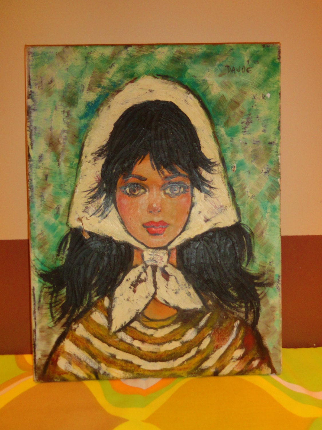 Vintage 1950s MID Century Groovy Modern Big Eye Exotic Girl Scarf Wall Art Painting signed DAUDE