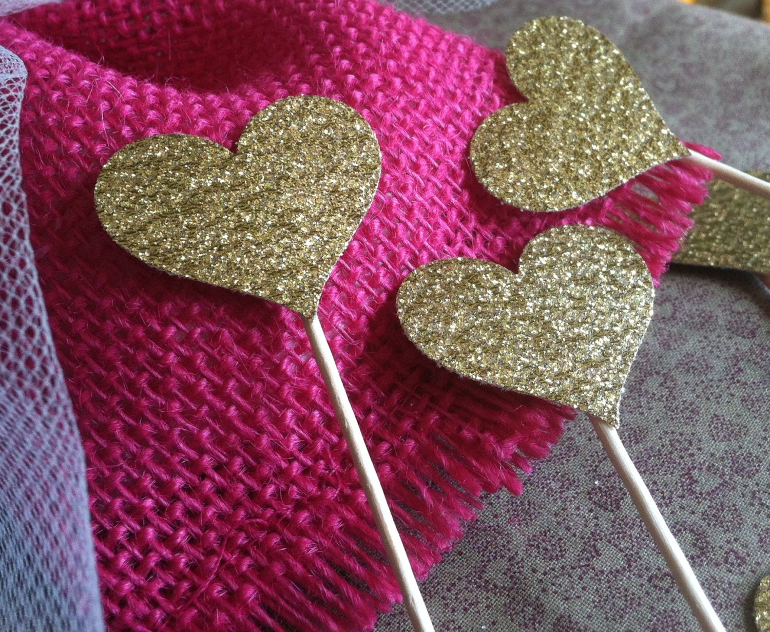 12 Sparkling GOLD HEARTS Cupcake Toppers Wedding Cake Decorations