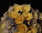 VALENTINES SALE - 10% OFF - White Purple/Yellow Patterned w/ Rhinestones and Premium Edges Origami Paper Flower Bouquet - Wedding, Set of 12