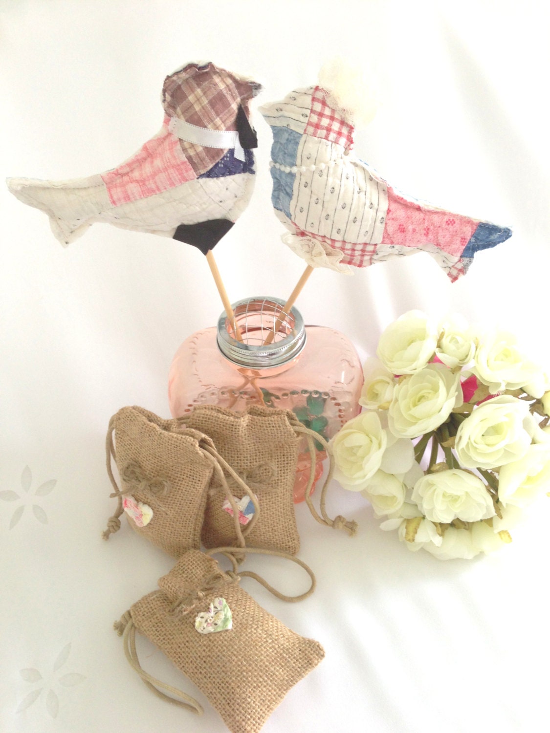 Wedding Cake Topper, Birds, Table Decor, Vintage Quilts, Farm Wedding, Country, Outdoor, Nature, Rustic ( 1 Pair)