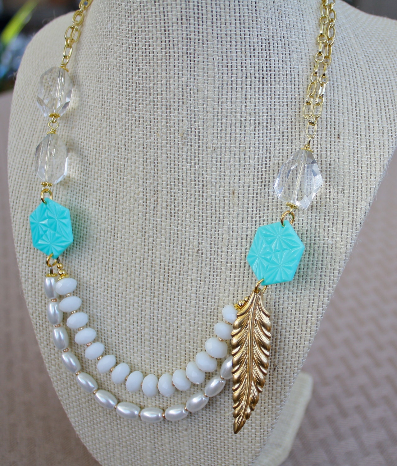Statement Necklace - Gold Feather, Turquoise and White